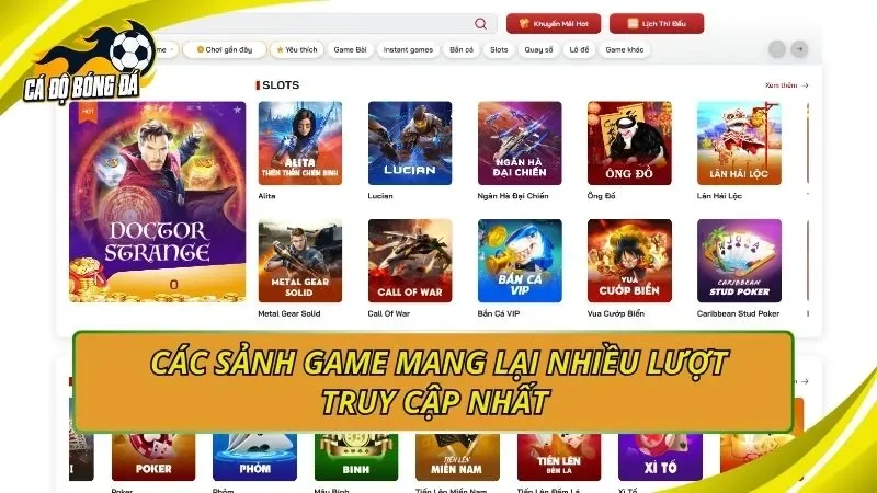 Các sảnh game mang lại nhiều lượt truy cập nhất 